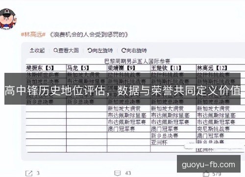高中锋历史地位评估，数据与荣誉共同定义价值